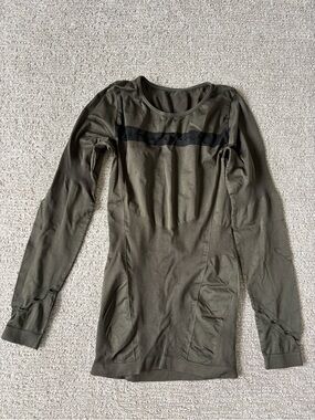 Alala Olive Green Long Sleeve Athletic Top with Black Chest Stripe